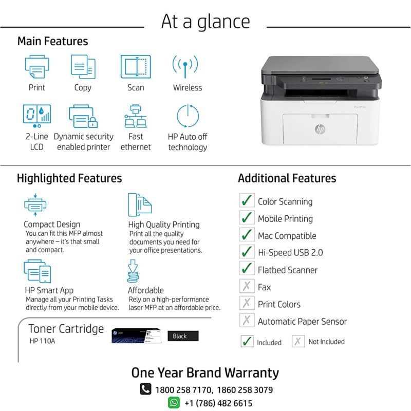 Laser Performance at an affordable price Print, Scan, Copy, Wireless Print speed upto 20ppm Connectivity: Hi-Speed USB 2.0 port; built-in Wifi 802.11b/g/n, Fast Ethernet 10/100Base-Tx network port Fast Ethernet 10/100Base-Tx network port; Wifi Direct Printing- Easy, direct prints possible from any device via HP SmarApp LED control pannel